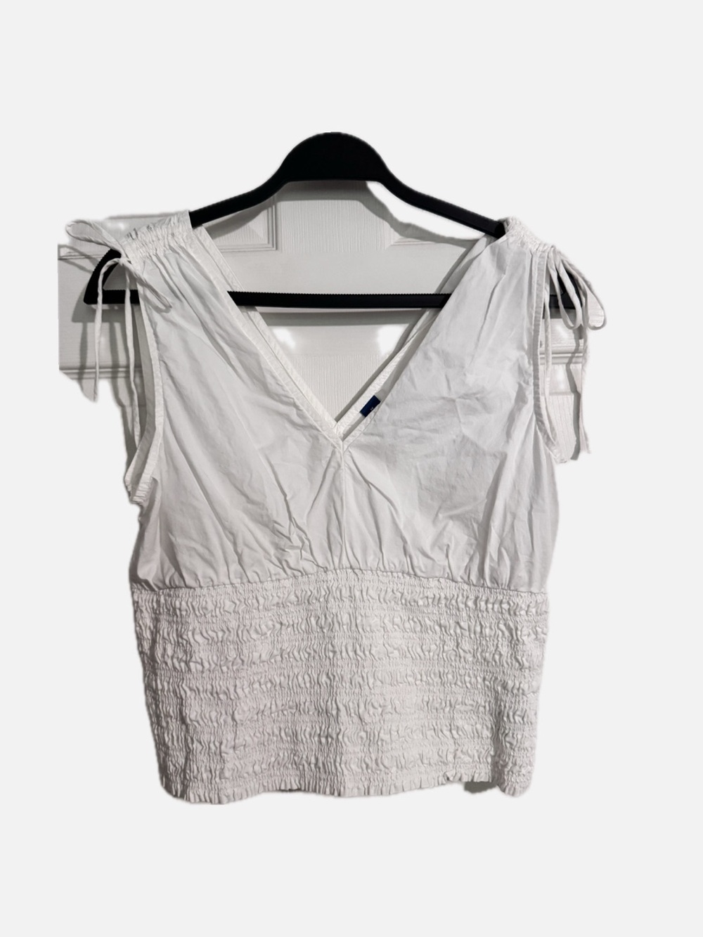 Old Navy White V-Neck Smocked-Waist Tank with Tie Shoulders